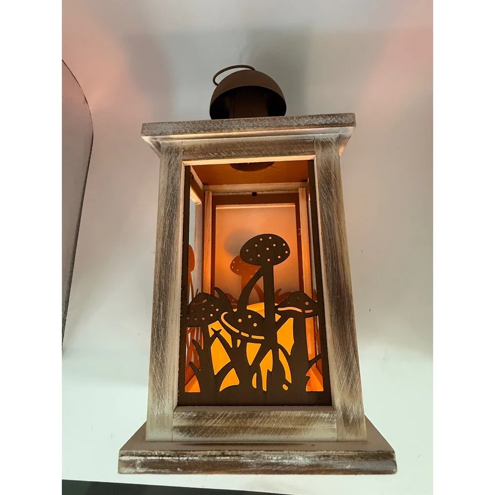 Rustic Mushroom Forest LED Lantern Wood Metal Woodland Flameless Candle New
